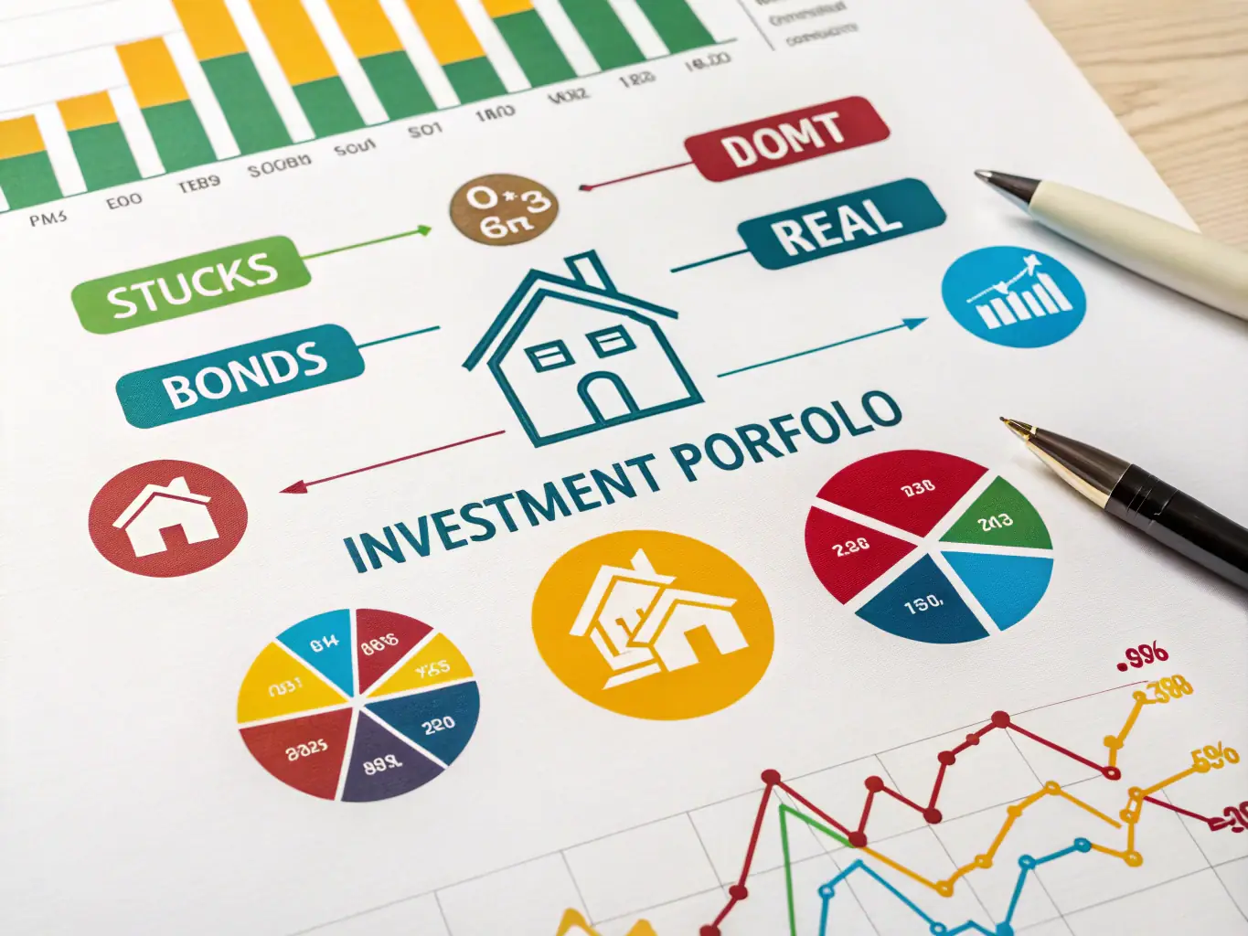 A diverse portfolio of investments represented by various icons and charts, symbolizing different asset classes and investment opportunities. The image conveys the concept of diversification and strategic asset allocation.