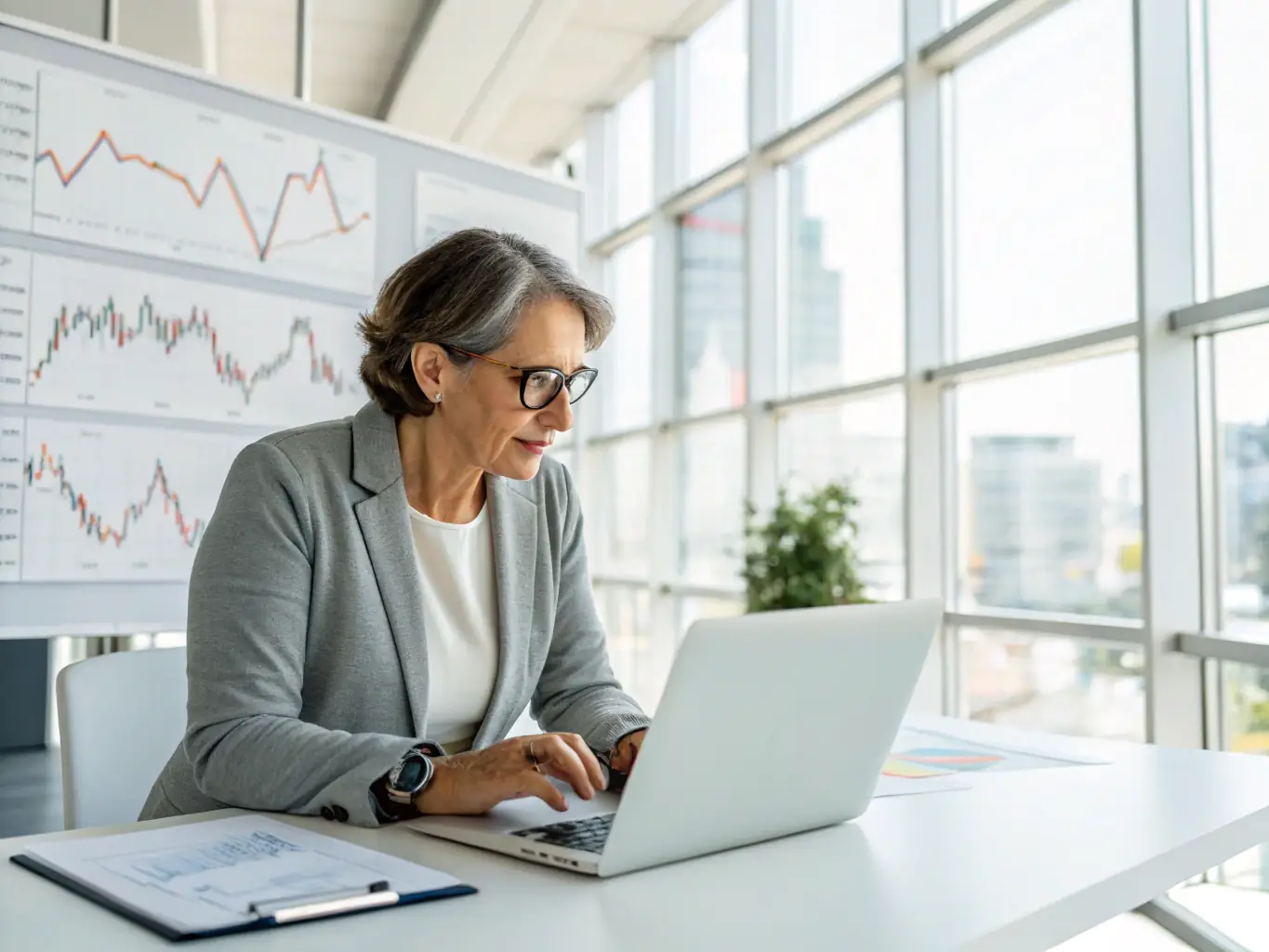 A professional business analyst is reviewing complex financial data on a large monitor, with charts and graphs illustrating investment performance and market trends. The setting is a modern office, emphasizing data-driven decision-making.