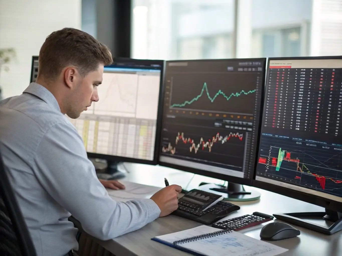 An image showing a financial analyst working on data charts and investment graphs on a computer screen.