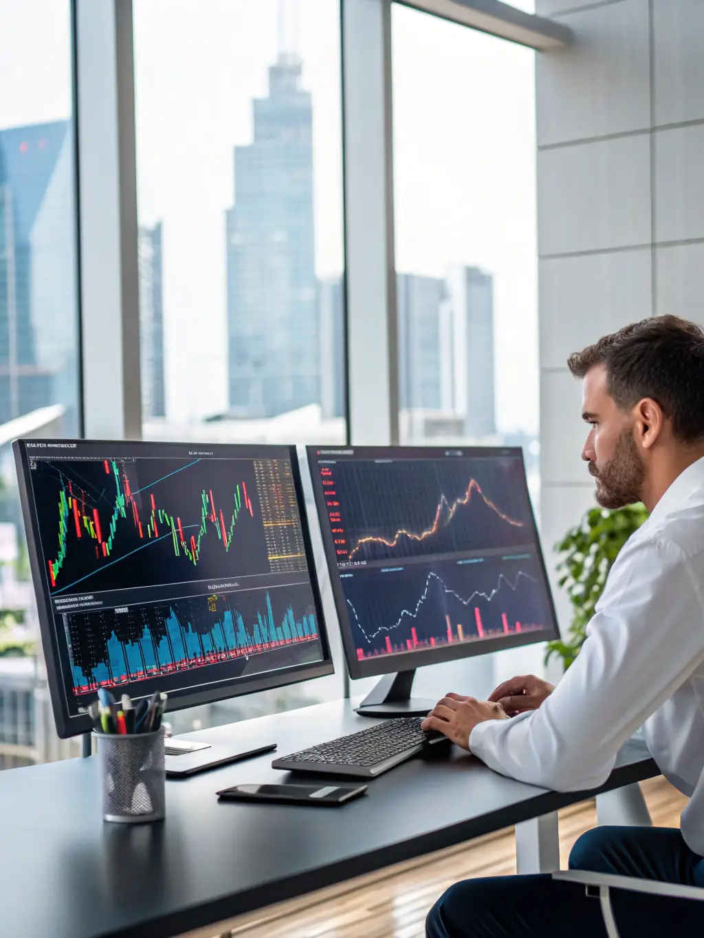 A financial expert is using advanced software to forecast future market conditions and investment performance.