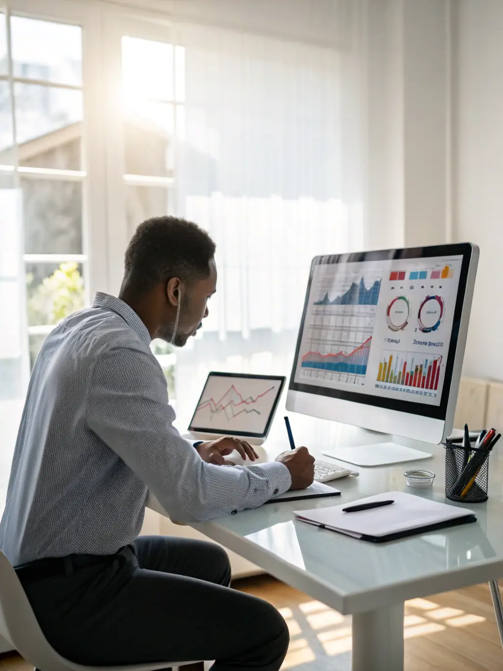 A professional business analyst is presenting a detailed market analysis report, highlighting key trends and potential investment opportunities.